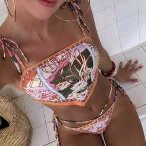 Resort Batik LowRise Hankercheif Style Orange Pink Bikini Set For Women Sz S M L